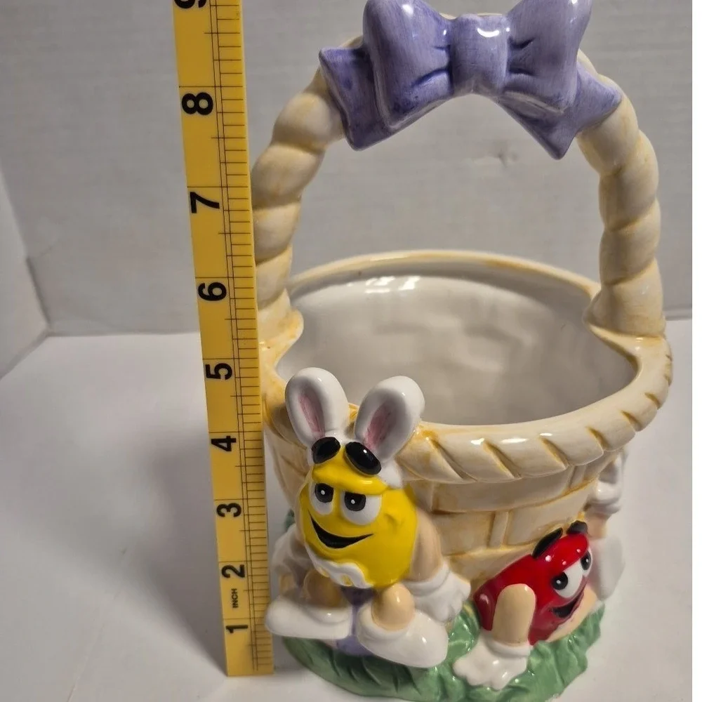 M&M's Ceramic Easter Basket Candy Dish Yellow Red Bunny Ears FTD Multi Vintage